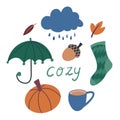 Set of simple flat hand drawn autumn clip art - cloud, umbrella, warm sock, acorn, pumpkin, hot drink, leaves. Cute collection of Royalty Free Stock Photo