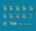 Set of simple flat SPF sun protection icons on blue background. Icons for sunscreen products or other skin cosmetics