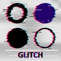 Set of simple geometric circle form, frames or border in distorted glitch style. Modern trendy background shapes for design banner