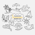 set of simple hand sketched doodle icon ideas in a line art style for the summer season vector Royalty Free Stock Photo