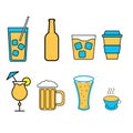 Set of simple icons of alcoholic beverages for the bar, cafe: cocktails, glasses, beer, bottles, whiskey, coffee, tea Royalty Free Stock Photo