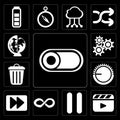 Set of Switch, Video player, Pause, Infinity, Fast forward, Volume control, Garbage, Settings, Worldwide, editable icon pack