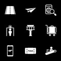 Set of simple icons on a theme Airport, runway, plane, transport, vector, set. White icons isolated against black background Royalty Free Stock Photo