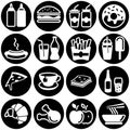 Set of simple icons on a theme Fast food, drinks, Cafe, alcohol, restaurant, sweets, harmful food, food court, vector, set. White Royalty Free Stock Photo