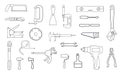 Set of simple icons of tools drawing with black lines on white background. Measure vector engineering illustration. Flat Royalty Free Stock Photo