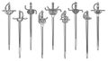 Set of simple images of epees and rapiers drawn in art line style. Royalty Free Stock Photo