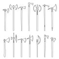 Set of simple images of medieval axes and hatchets drawn in art line style. Royalty Free Stock Photo