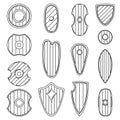 Set of simple images of medieval shields and bucklers drawn in art line style.