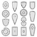 Set of simple images of medieval shields and bucklers drawn in art line style.