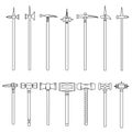 Set of simple images of medieval war hammers and maces drawn in art line style. Royalty Free Stock Photo