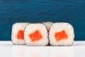 Set of simple japanese rolls with salmon, rice and nori on deep Royalty Free Stock Photo