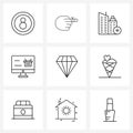 Set of 9 Simple Line Icons of basket, online shopping, hurt finger, plus, building Royalty Free Stock Photo