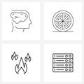 Set of 4 Simple Line Icons of brain, orange, lightning, commerce, burning