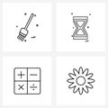 Set of 4 Simple Line Icons of broom, math`s, sand clock, pointer, sun