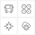 Set of 4 Simple Line Icons of bus, star shining, vehicle, time, cloud hosting