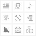 Set of 9 Simple Line Icons of forbidden, year, music, new, sweet