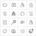 Set of 16 Simple Line Icons of fun, celebration, denial of service attack, birthday, avatar