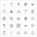 Set of 25 Simple Line Icons of hotel, cloud, medical, camera, global