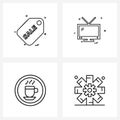 Set of 4 Simple Line Icons of tag, sign, TV, TV, emergency symbol