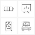 Set of 4 Simple Line Icons for Web and Print such as battery, schedule, download, network, time