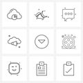 Set of 9 Simple Line Icons for Web and Print such as clothing, button, chat, media button, cloud