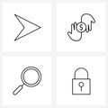 Set of 4 Simple Line Icons for Web and Print such as cursor; magnifying glass; right; donate; lock