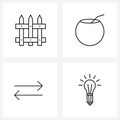 Set of 4 Simple Line Icons for Web and Print such as fence, left, coconut, straw, bulb