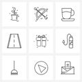 Set of 9 Simple Line Icons for Web and Print such as gift, Christmas, cup, highway, traffic