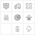 Set of 9 Simple Line Icons for Web and Print such as junk food, food, layout, pizza, light