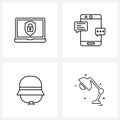 Set of 4 Simple Line Icons for Web and Print such as laptop protected, hat, message, mobile, lamp