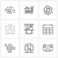 Set of 9 Simple Line Icons for Web and Print such as presentation, house, cell, home, building Royalty Free Stock Photo