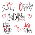 Set of simple love phrases. Hand drawn beautiful lettering. Valentine`s day love collection. Perfect for valentine day, wedding an