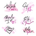 Set of simple love phrases. Hand drawn beautiful lettering on watercolor background. Royalty Free Stock Photo