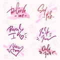 Set of simple love phrases. Hand drawn beautiful lettering on watercolor background. Valentine`s day love collection. Royalty Free Stock Photo