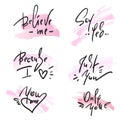 Set of simple love phrases. Hand drawn beautiful lettering on watercolor background. Valentine`s day love collection. Royalty Free Stock Photo