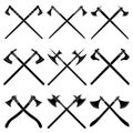 Set of simple monochrome images of crossed medieval axes and poleaxes
