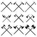 Set of simple monochrome images of crossed medieval axes and poleaxes