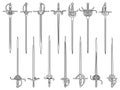 Set of simple monochrome images of epees and rapiers drawn by lines. Royalty Free Stock Photo
