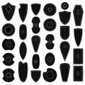 Set of monochrome images of medieval shields and bucklers.