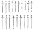 Set of simple monochrome images of medieval short swords drawn by lines.