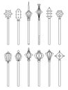 Set of simple monochrome images of medieval war hammers and maces drawn by lines. Royalty Free Stock Photo