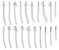 Set of simple monochrome images of sabers and cutlasses drawn by lines. Royalty Free Stock Photo