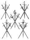 Set of simple monochrome images of three crossed rapiers and epees