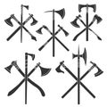 Set of simple monochrome images of triplet of crossed medieval axes and hatchets