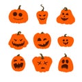 Set of simple orange pumpkins with funny faces. Halloween icons. Royalty Free Stock Photo