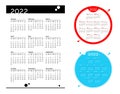 Set Simple pocket calendar 2022 year on white Background. Blue and red circle calendar