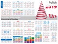 Set of simple pocket calendars for 2019 Two thousand nineteen. Week starts Monday. Translation from Polish -