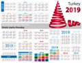 Set of simple pocket calendars for 2019 Two thousand nineteen. Week starts Monday. Translation from Turkey -