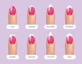 Set of simple realistic pink manicured nails with different shapes. Vector illustration for your graphic design.