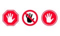 Set simple red stop sign with big hand symbol on different road sign on white background. Palm icon